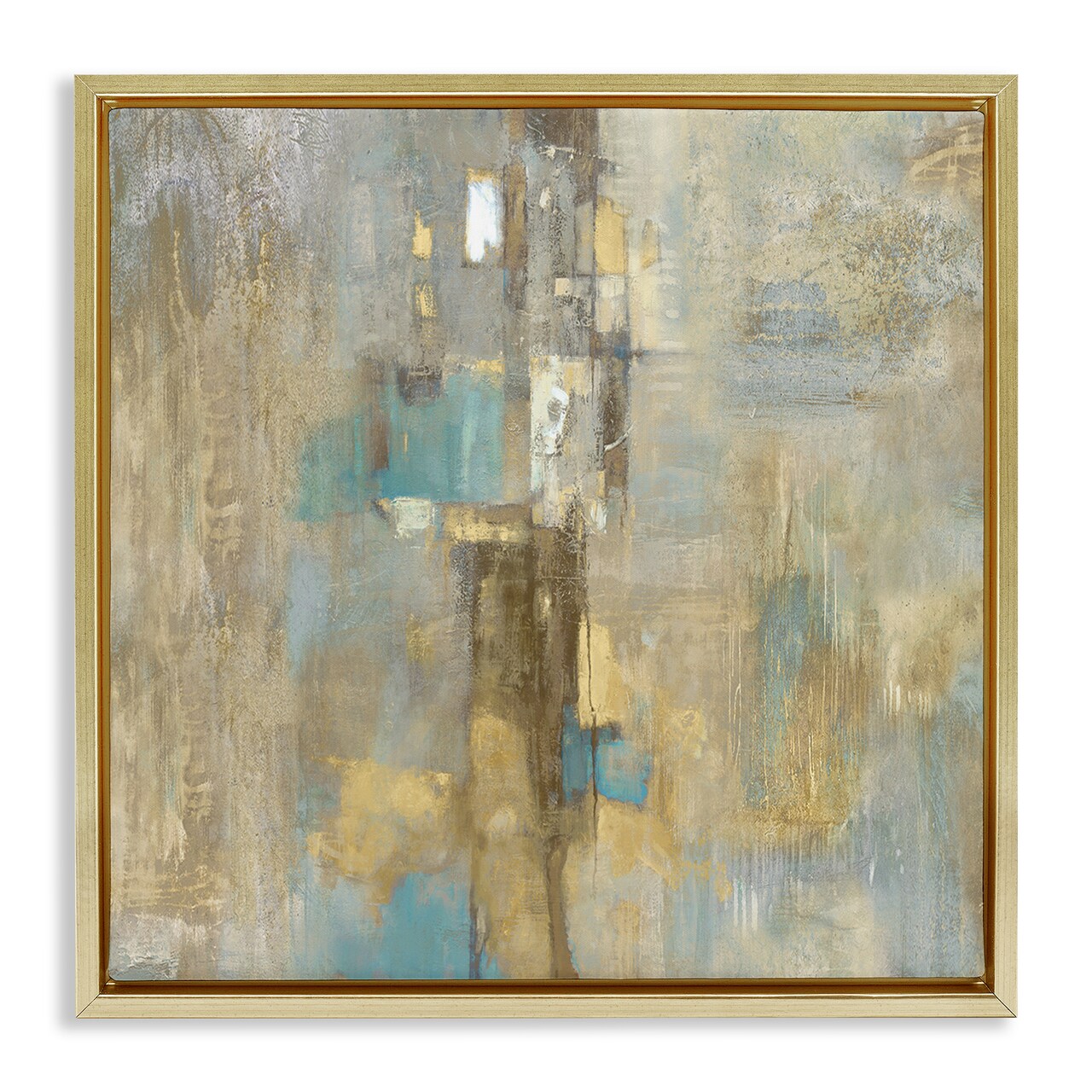 Stupell Industries Gold Abstract with Blue Floater Framed Canvas Wall Art Design by Justin Turner